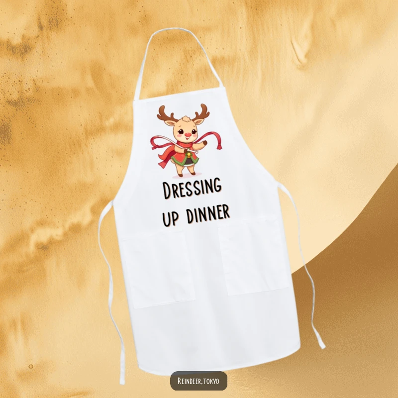 Funny Reindeer Apron: Happy reindeer in traditional attire twirls a shimmering ribbon, adding festive humor.