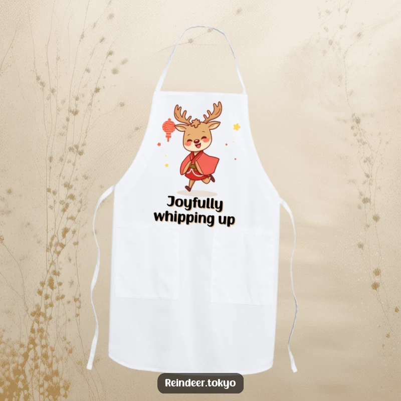 Funny apron adorned with a cheerful reindeer in a red and white kimono, skipping with glee, perfect for kitchen activities.