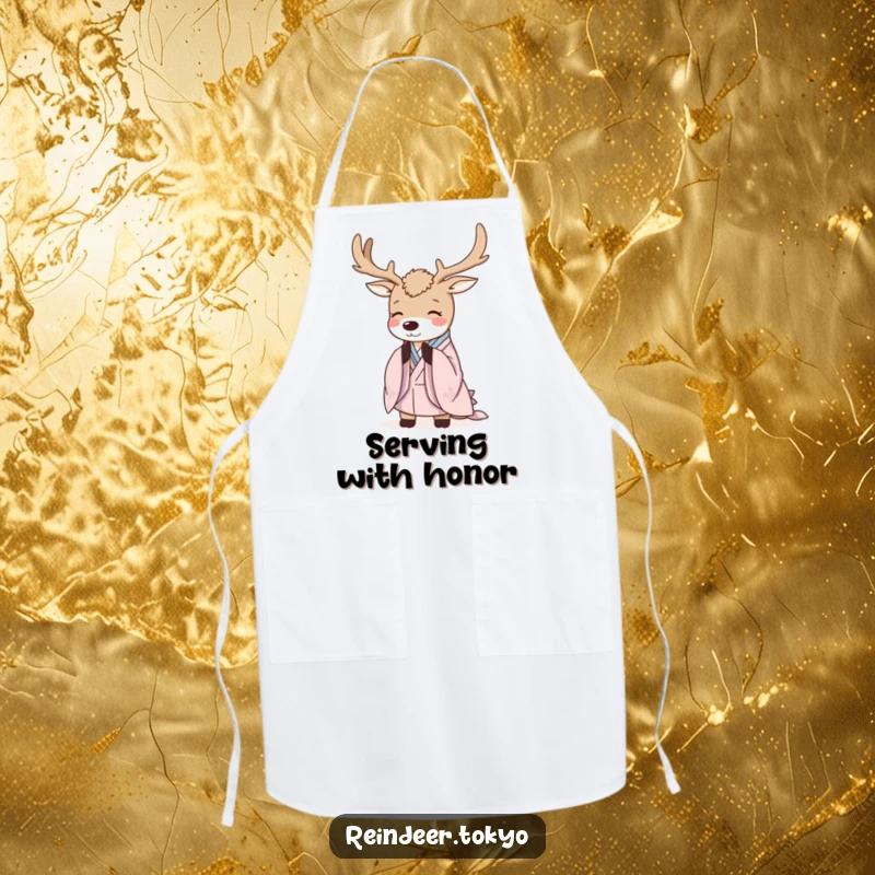 Funny Reindeer Apron: Serene reindeer in elegant kimono robes bows politely while cooking with humorous flair.