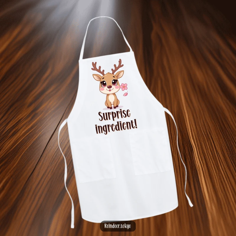 Funny Reindeer Apron: Startled reindeer with wide eyes reacts comically to a falling sakura petal during cooking.