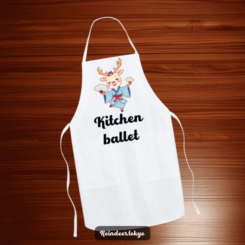 Funny reindeer fan dance apron with a smiling cartoon reindeer in a blue kimono joyfully dancing with a delicate fan.