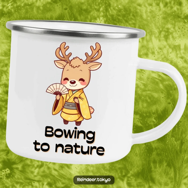 Funny camping mug showing a smiling reindeer in a golden kimono, bowing gracefully with a fan, perfect for elegant outdoor enjoyment.