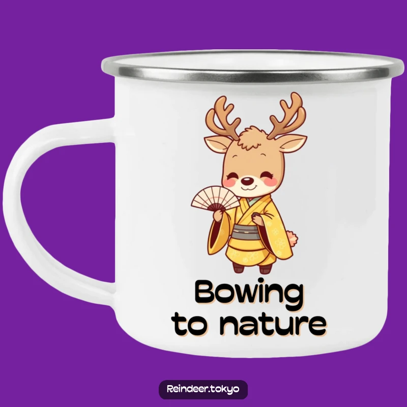 Funny Golden Reindeer Kimono Camping Mug: Graceful Sips Outdoors!