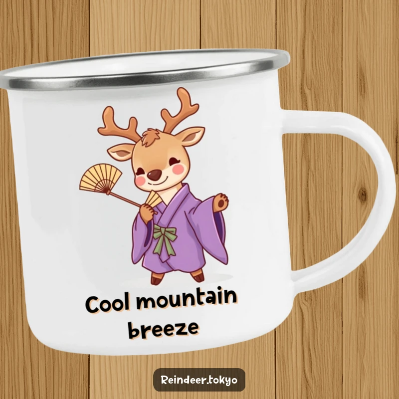 Funny camping mug with a cute reindeer in a purple kimono, striking a playful pose with a bamboo fan, perfect for stylish outdoor humor.