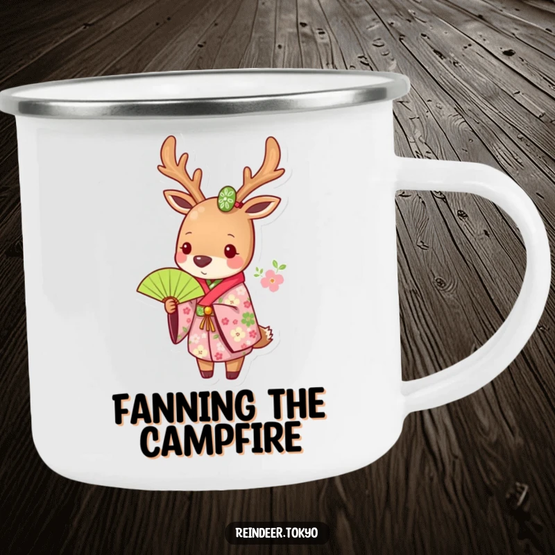 Funny camping mug showing a reindeer in a floral kimono, holding a green fan, perfect for elegant outdoor beverage enjoyment.