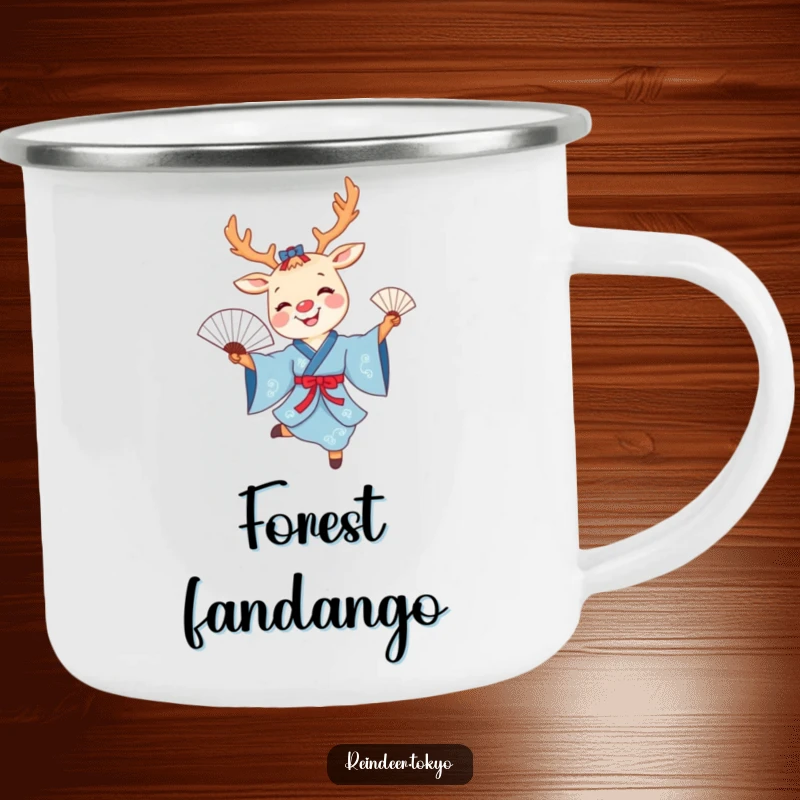 Funny reindeer fan dance camping mug with a smiling cartoon reindeer in a blue kimono joyfully dancing with a delicate fan.