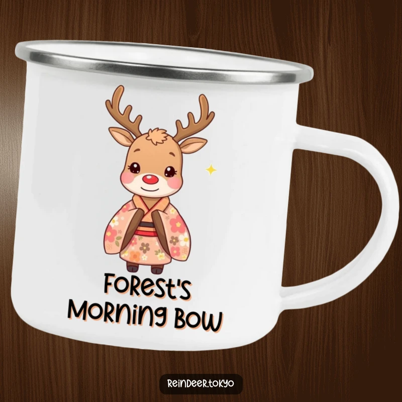Funny camping mug with a whimsical reindeer in a floral kimono, gracefully bowing, ideal for outdoor adventures with a touch of humor.