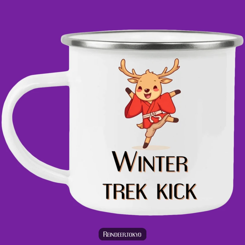 Funny Reindeer Kimono Camping Mug: Festive Cartoon Kick for Adventures