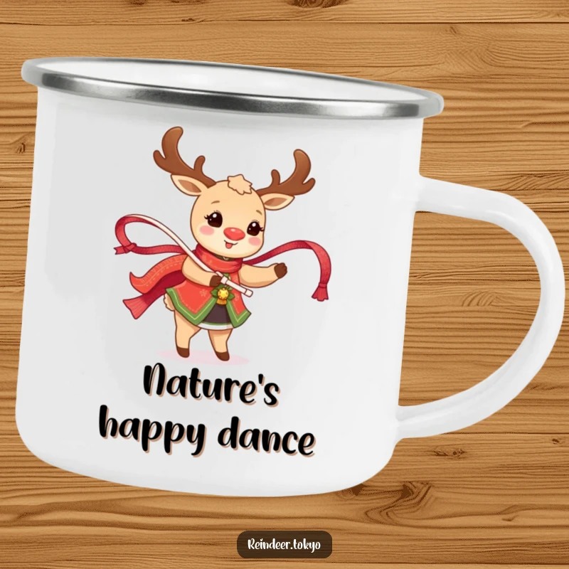 Funny Reindeer Camping Mug: Happy reindeer in traditional attire twirls a shimmering ribbon, full of outdoor joy.