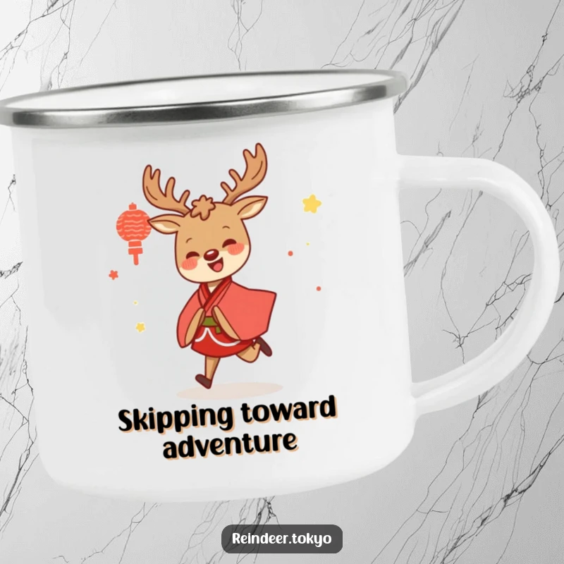 Funny camping mug showing a joyful reindeer in a red and white kimono, skipping happily, ready for outdoor beverages.