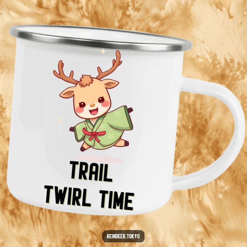 Funny camping mug with a cheerful reindeer in a green kimono, spinning happily with a delighted expression, perfect for outdoor humor.