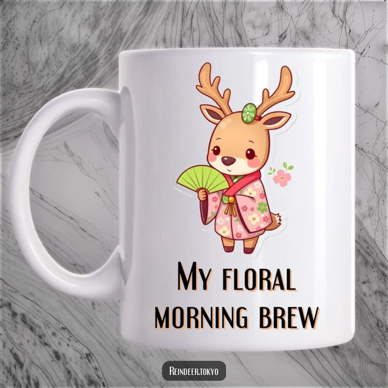 Funny mug showcasing a reindeer in a beautiful floral kimono, gracefully holding a green fan, exuding elegance and subtle humor.