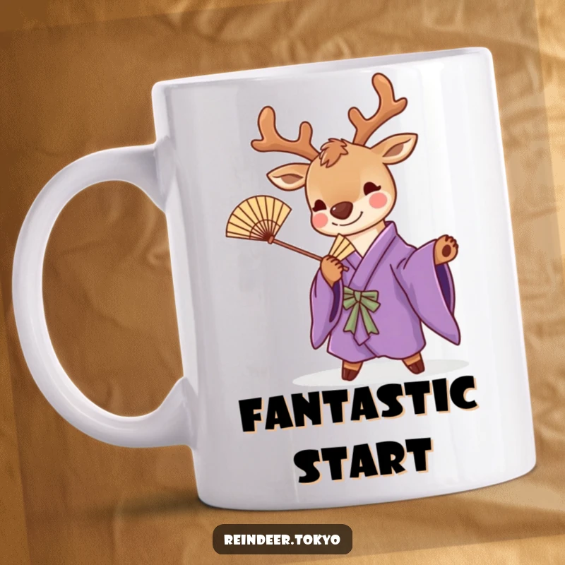 Funny mug with a cute reindeer in a stylish purple kimono, striking a playful pose while holding a bamboo fan, exuding charm.