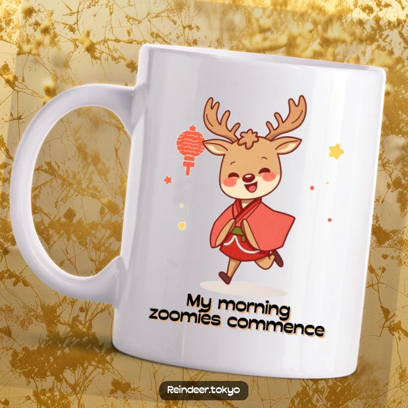 Funny mug featuring a joyful reindeer in a red and white kimono, skipping happily with a big smile, perfect for holiday fun.