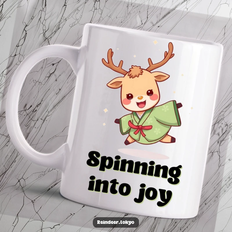 Funny mug with a cheerful reindeer in a green kimono, captured mid-spin with a wide, delighted smile, radiating pure, unadulterated joy.