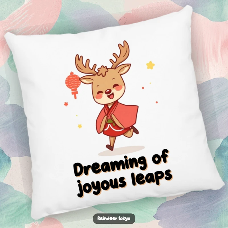 Funny pillow featuring a happy reindeer wearing a red and white kimono, joyfully skipping, adding comfort and humor to home.