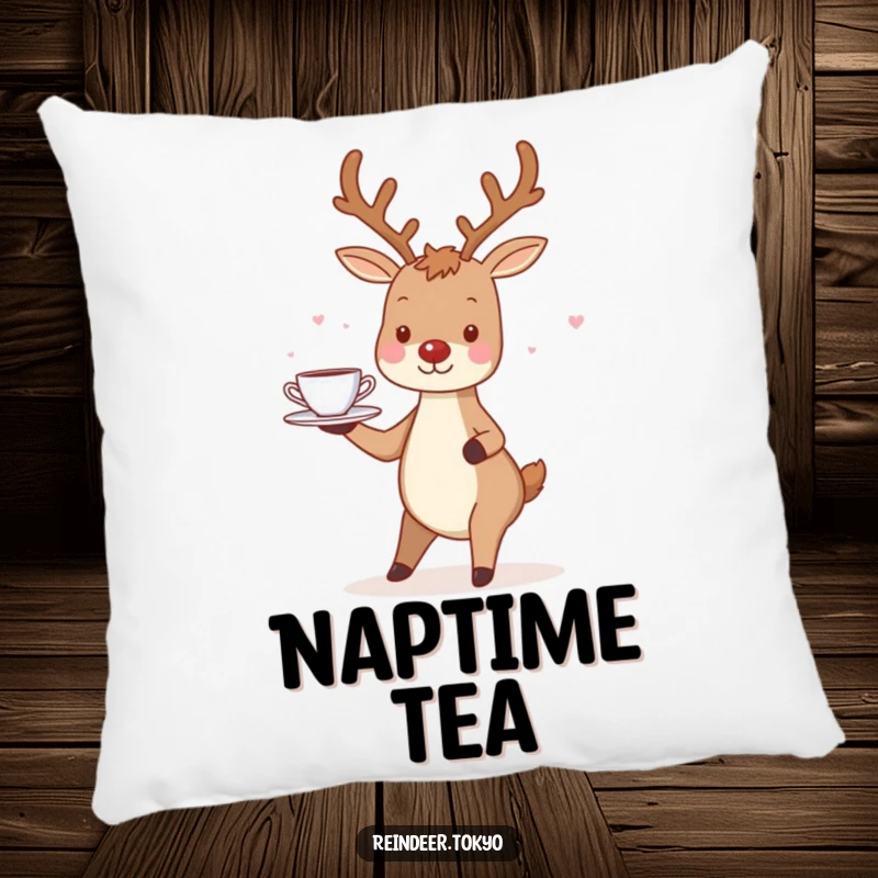 Funny Reindeer Pillow: Charming reindeer smiles, balancing a tray with tiny teacups with gentle grace.