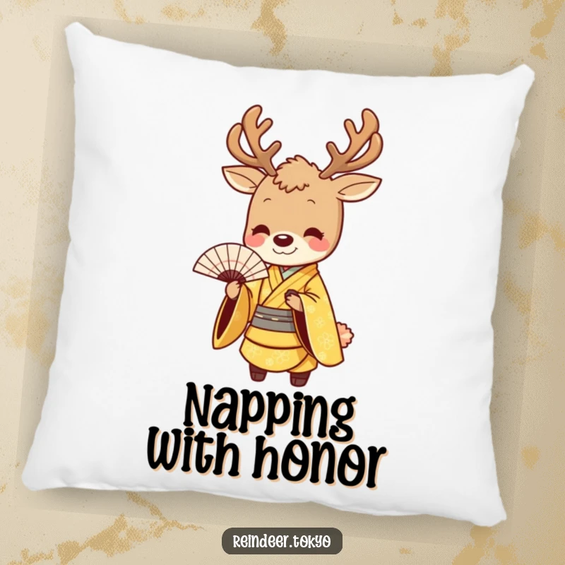 Funny pillow featuring a smiling reindeer in a golden kimono, bowing gracefully with a fan, offering decorative comfort with sophisticated humor.