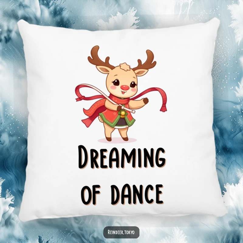 Funny Reindeer Pillow: Happy reindeer in traditional attire twirls a shimmering ribbon, bringing cozy joy.