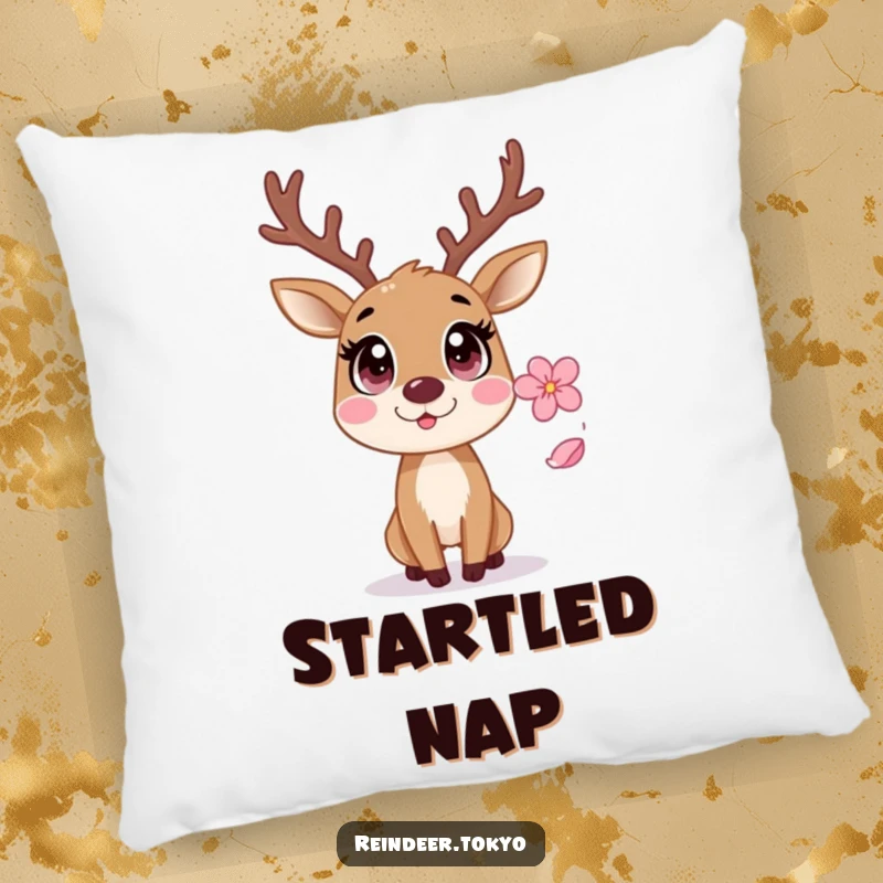 Funny Reindeer Pillow: Startled reindeer with wide eyes reacts with surprise to a falling sakura petal.