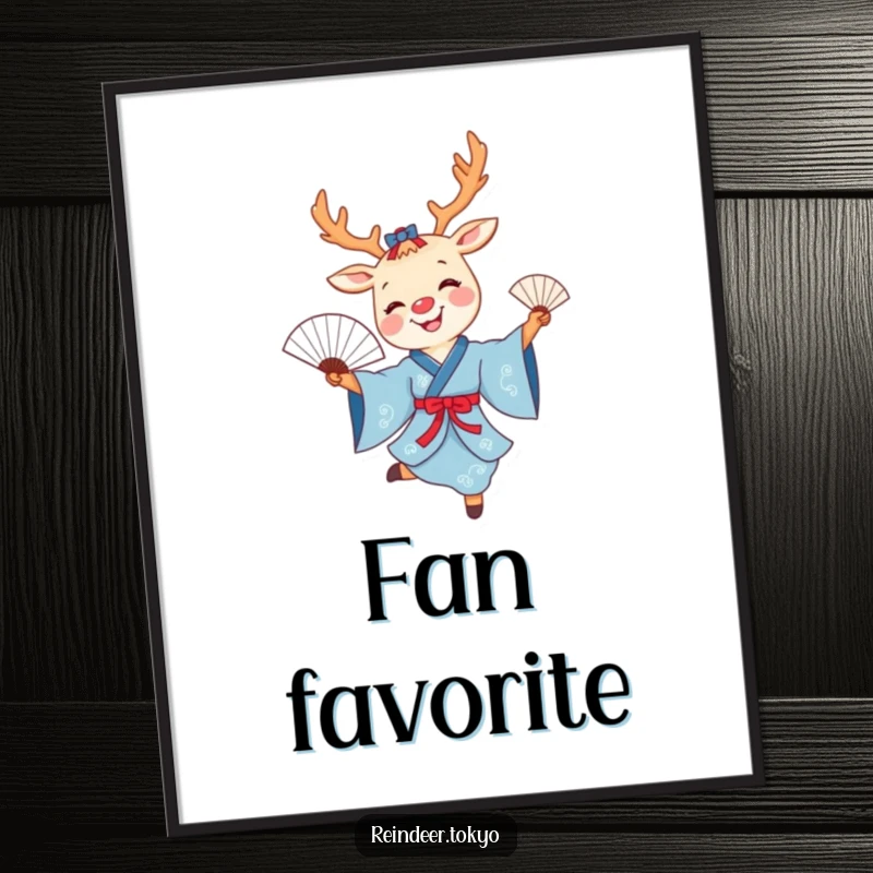 Funny reindeer fan dance digital art print of a smiling cartoon reindeer in a blue kimono joyfully dancing with a delicate fan.