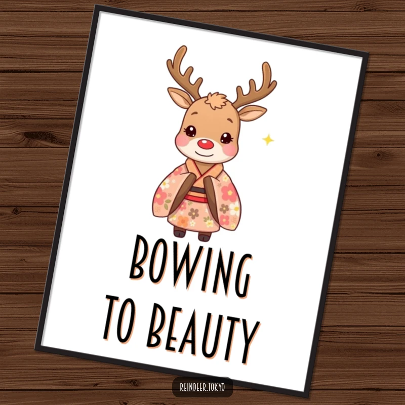 Funny digital art print of a whimsical reindeer in a floral kimono, rendering a polite bow with twinkling eyes, bringing humor to decor.