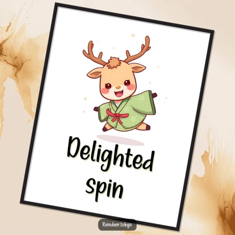 Funny digital art print of a cheerful reindeer in a green kimono, spinning joyfully with a delighted expression, bringing dynamic humor.