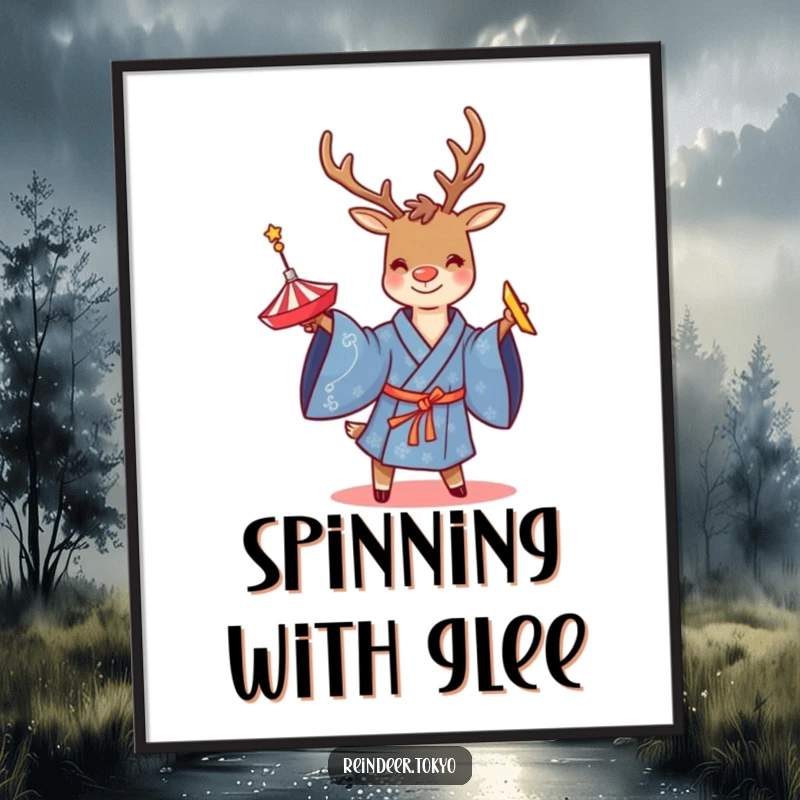 Funny digital art print of a smiling reindeer in a blue kimono, twirling a spinning top, downloadable art full of playfulness.
