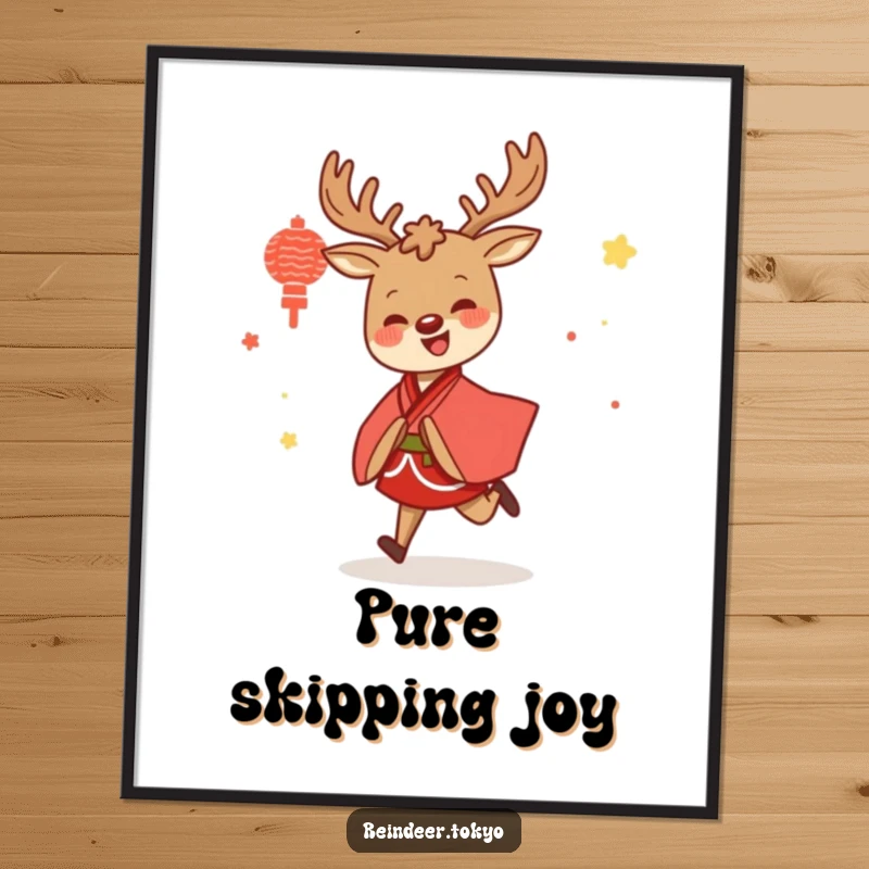 Funny digital art print of a happy reindeer in a red and white kimono, skipping with infectious joy, instantly downloadable art.