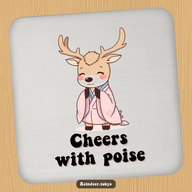 Funny Reindeer Coasters: Elegant reindeer in kimono robes bows politely, protecting surfaces with humorous grace.