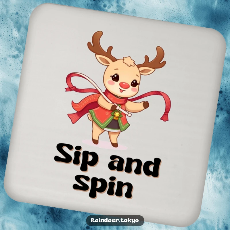 Funny Reindeer Coasters: Happy reindeer in traditional attire twirls a shimmering ribbon, bringing festive humor.