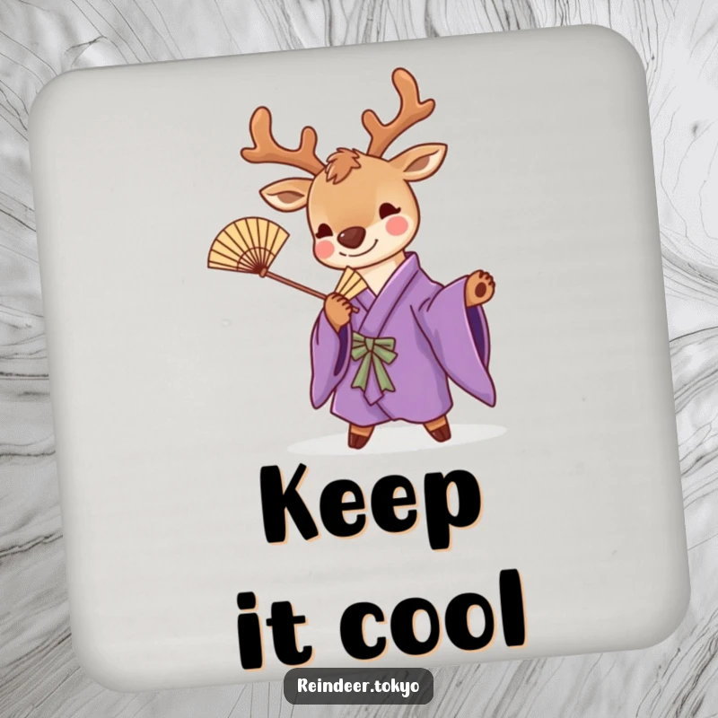 Funny drink coaster featuring a cute reindeer in a purple kimono, striking a playful pose with a bamboo fan, adding humorous style.