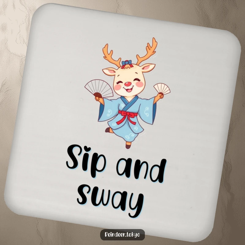 Funny reindeer fan dance drink coaster with a smiling cartoon reindeer in a blue kimono joyfully dancing with a delicate fan.