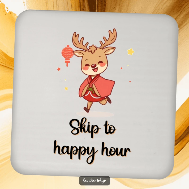Funny drink coasters featuring a cheerful reindeer in a red and white kimono, skipping with joy, protecting surfaces humorously.