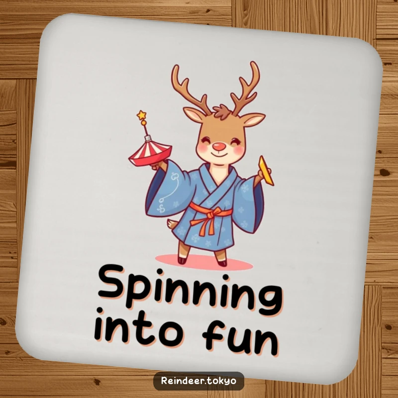 Funny drink coasters featuring a smiling reindeer in a blue kimono, twirling a spinning top, protecting surfaces with playful charm.