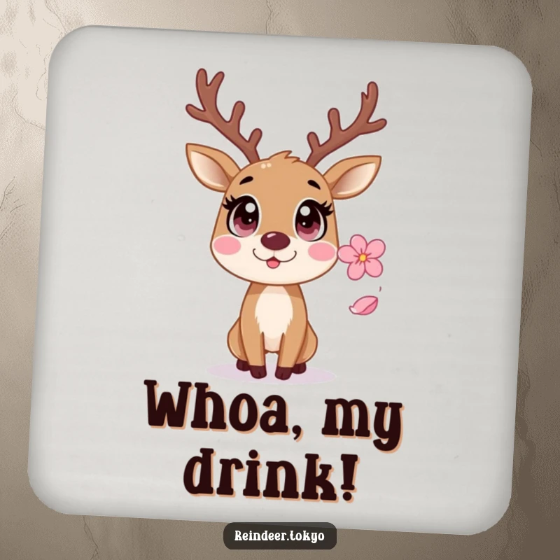 Funny Reindeer Coasters: Startled reindeer with wide eyes reacts with surprise to a falling sakura petal.
