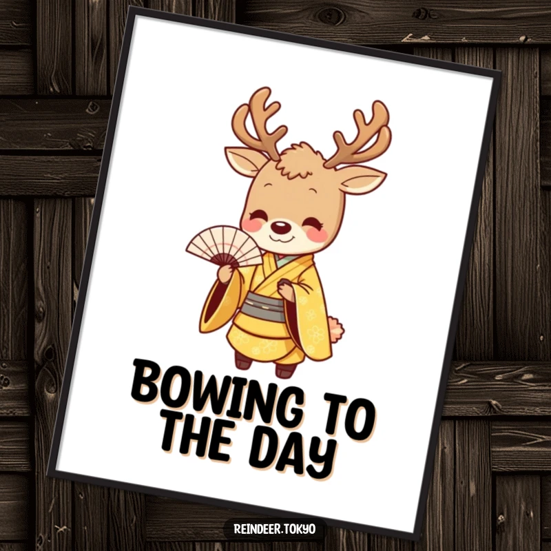 Funny poster of a smiling reindeer in a golden kimono, bowing gracefully with a fan, a piece of elegant and humorous wall art.