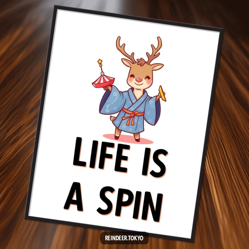 Funny poster of a smiling reindeer in a blue kimono, engrossed in twirling a spinning top, a delightful piece of playful art.