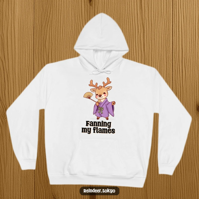 Funny hoodie featuring a cute reindeer in a purple kimono, striking a playful pose with a bamboo fan, perfect for cozy, stylish humor.
