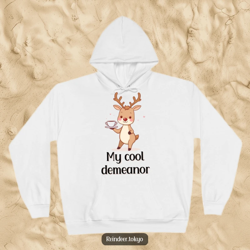 Funny Reindeer Hoodie: Charming reindeer smiles, balancing a tray of tiny teacups with gentle grace.