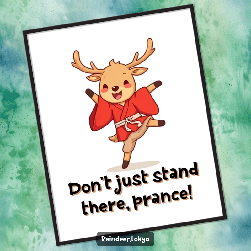 Funny Free Printable Wall Art: Reindeer in a red kimono gleefully performing a high kick.