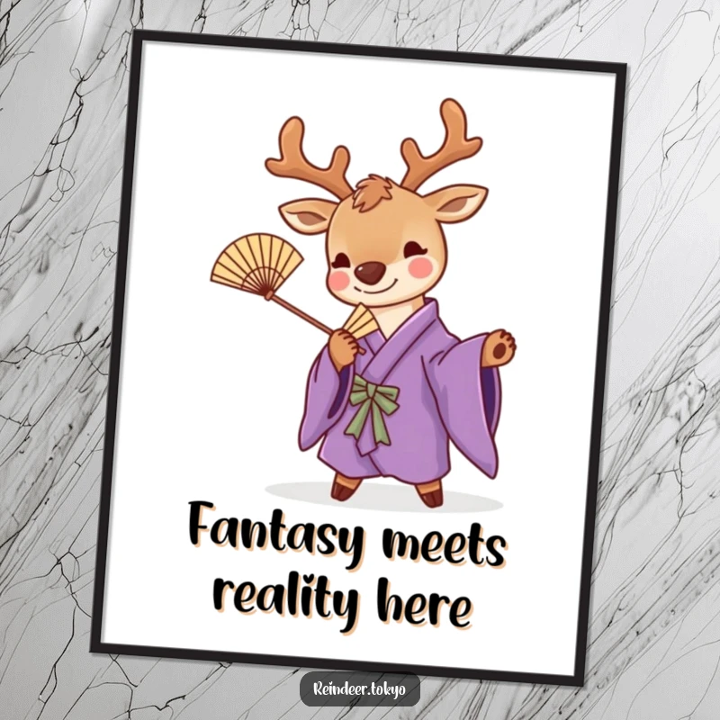 Funny Free Printable Reindeer Wall Art: Cute reindeer in a purple kimono striking a playful pose.