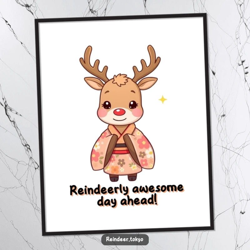 Funny Free Printable Reindeer Wall Art: Whimsical reindeer in a floral kimono, bowing politely.