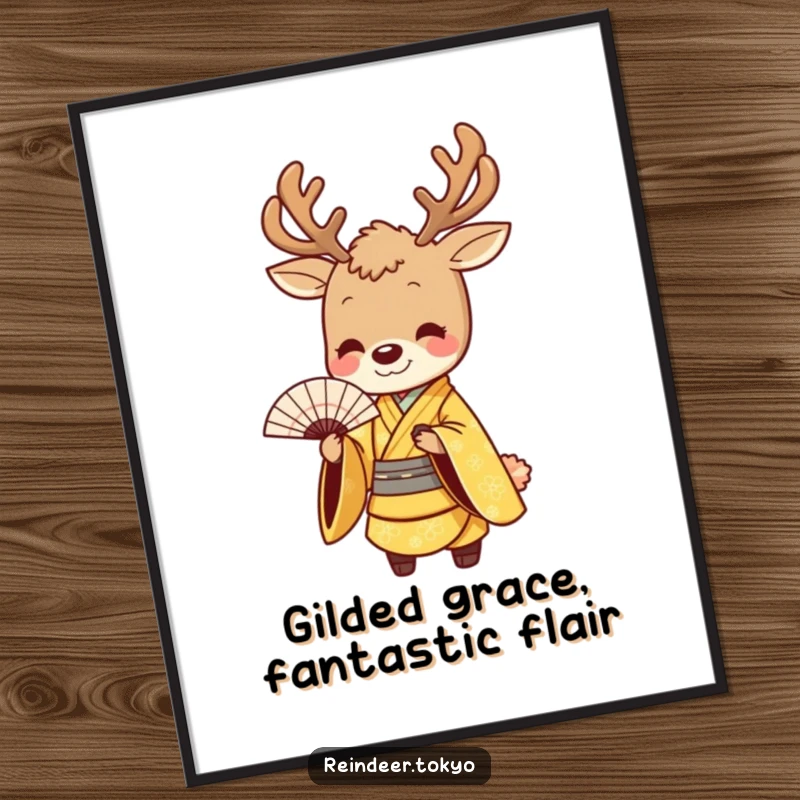 Funny free printable wall art of a smiling reindeer in a golden kimono bowing gracefully with a fan.