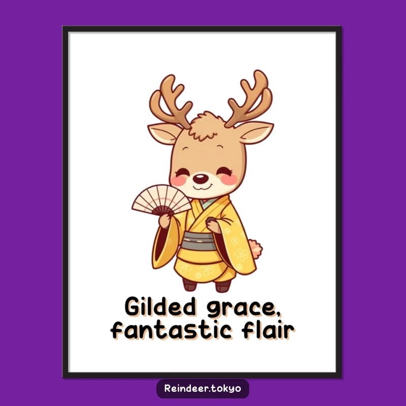 Free Printable Golden Reindeer Kimono Wall Art - Graceful Bow Downloadable Decor
