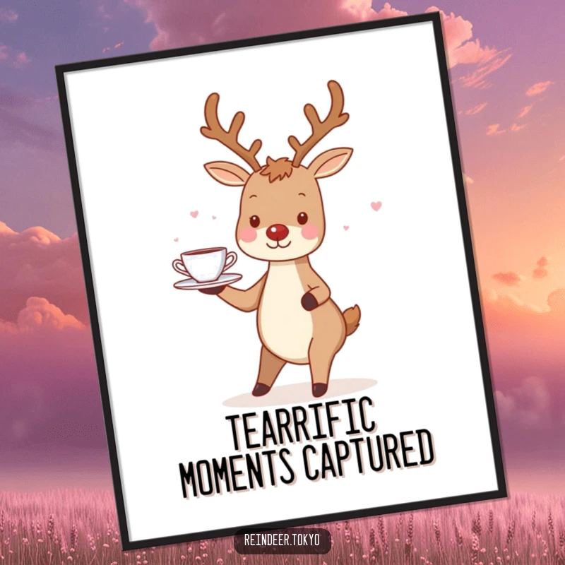 Funny Free Printable Wall Art: A charming reindeer with a warm smile expertly balancing a tray of tiny, delicate teacups.