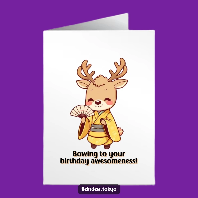 Free Printable Birthday Card - Golden Reindeer Kimono Bow Funny Downloadable Gift