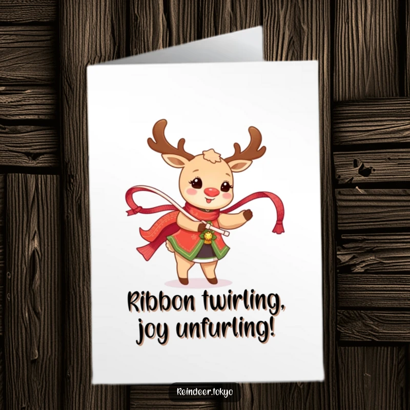 Funny Free Printable Birthday Card: Happy reindeer joyfully twirling a shimmering ribbon while wearing traditional festive attire.