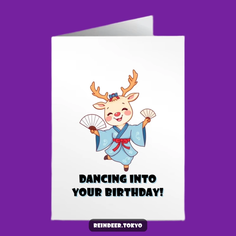 Free Printable Birthday Card: Reindeer Fan Dance, Funny Kimono, Downloadable Gift
