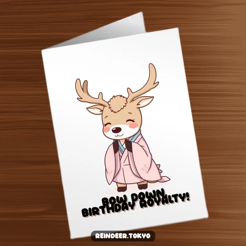 Funny Free Printable Birthday Card: Serene reindeer in kimono bowing politely, elegant and ready to celebrate your special day.